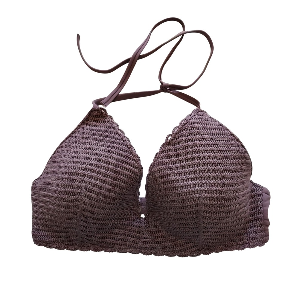 Shade & Shore Mauve Purple Crochet Halter Bikini Top Underwire 36D Boho Hippie